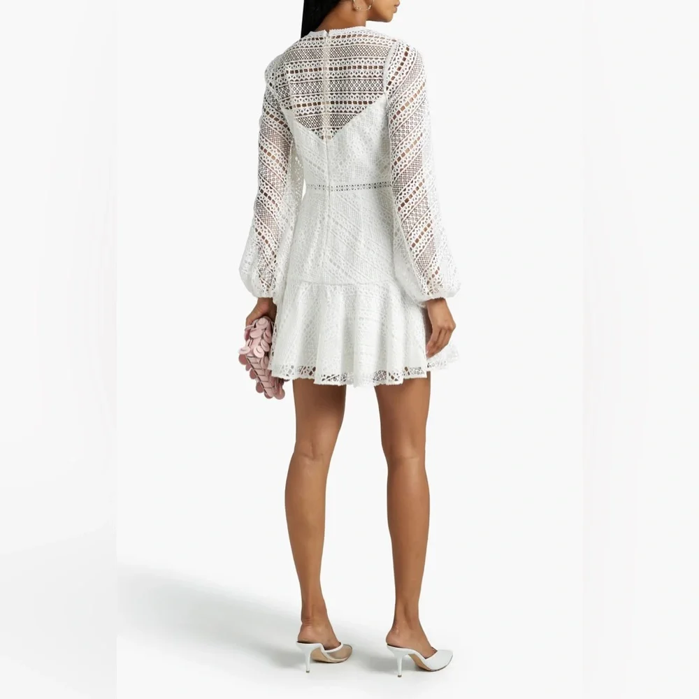 NWT Monique Lhuillier White Macramé Lace Mini Dress Size 10 - Picture 4 of 7